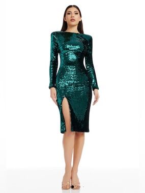 Dress the Population Natalie Sequin Long Sleeve Slit Midi Dress in emerald M nwt